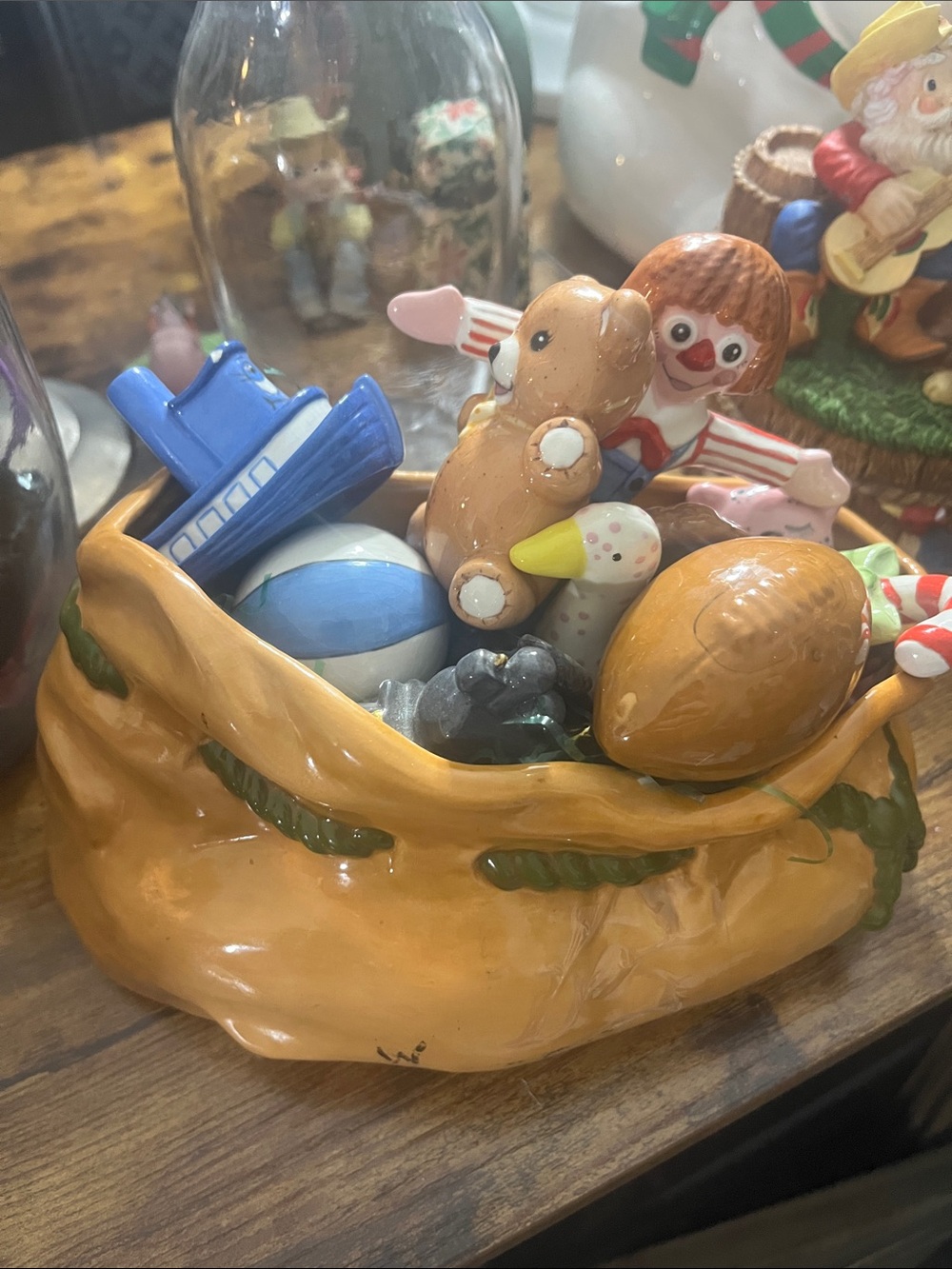 Vintage Raggedy Andy and his toy bag with removable toys and Andy